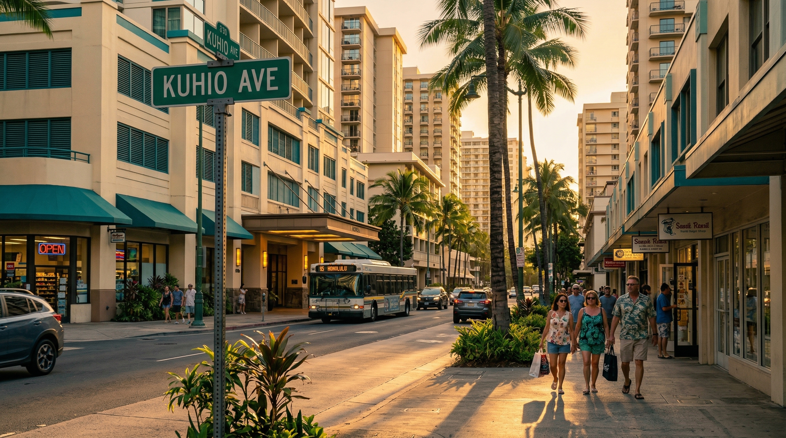 Kuhio Avenue at golden hour — active streetscape with signage, storefronts, and pedestrians